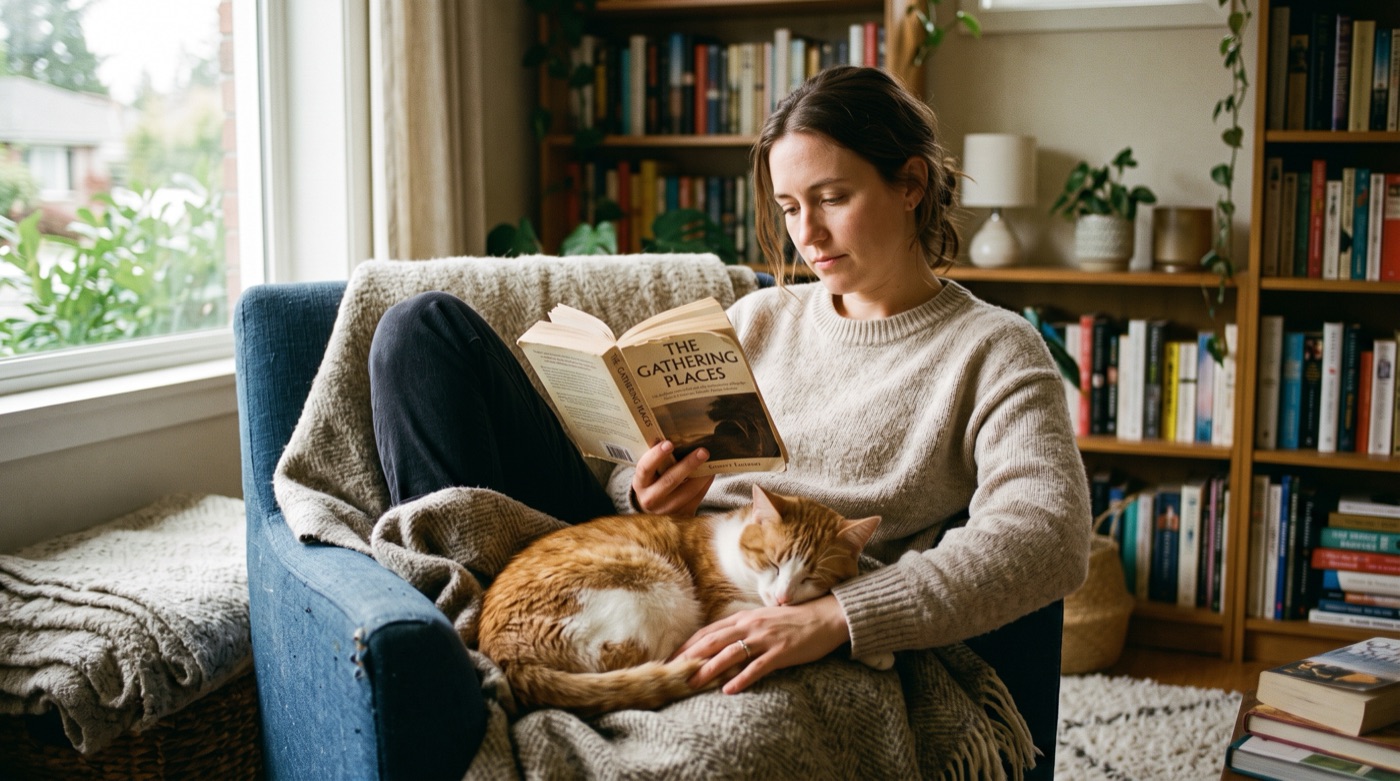 A person resting on a sofa with their cat curled against them