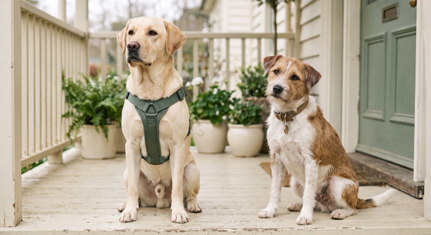 A trained service dog in harness beside a companion dog