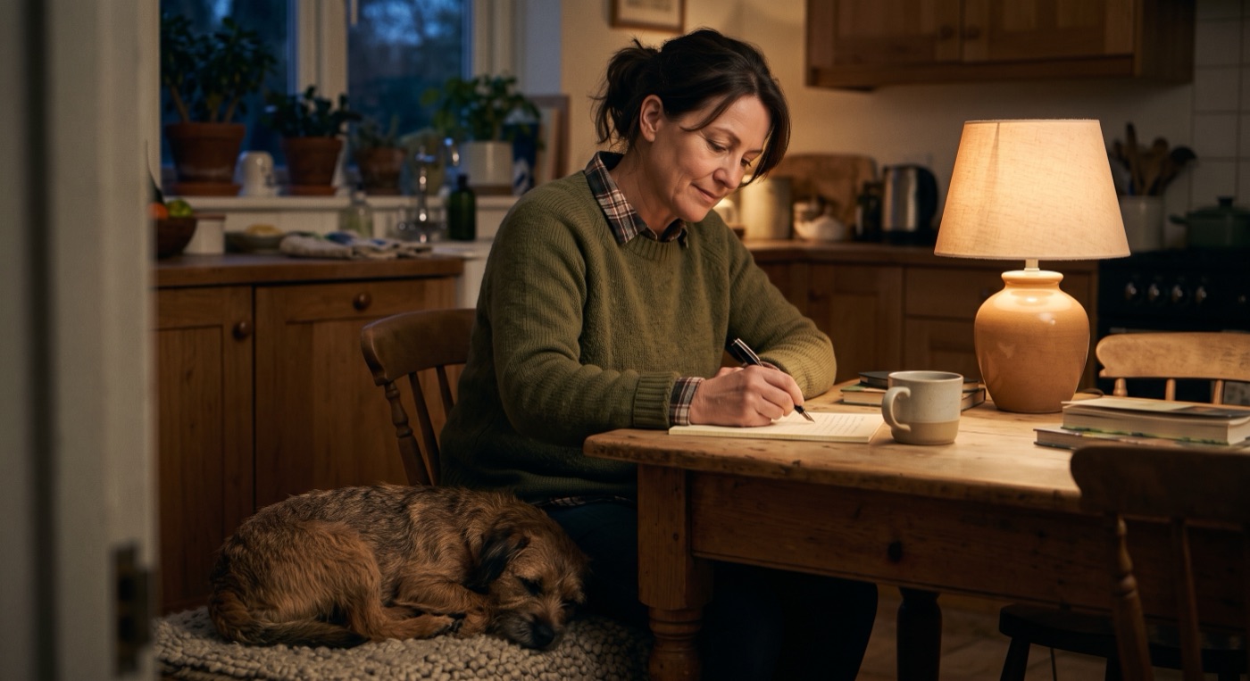 A renter reviewing a letter from their landlord with their dog nearby