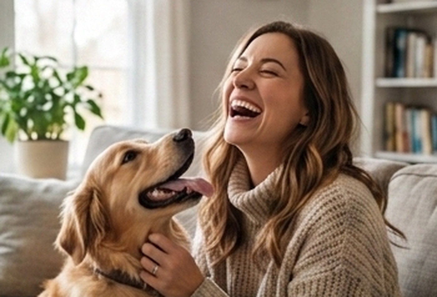 A woman laughing with her golden retriever emotional support dog at home