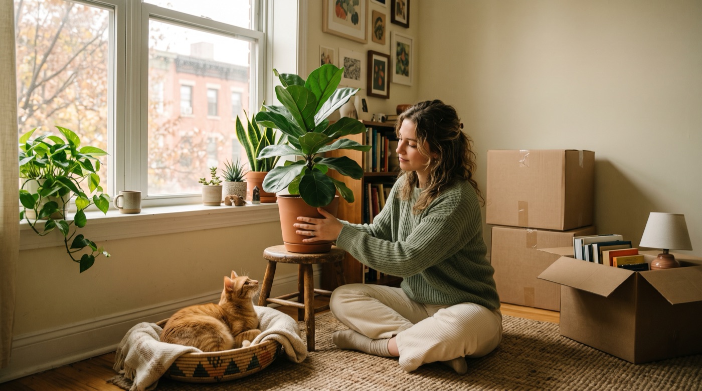 A woman settling into a new apartment with her cat