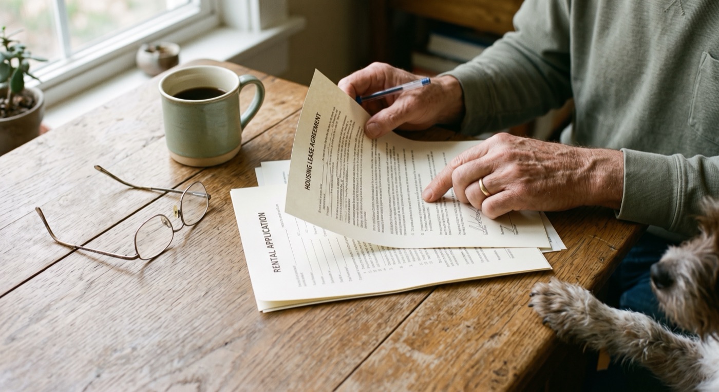 Hands reviewing printed housing documents at a table, a dog resting nearby