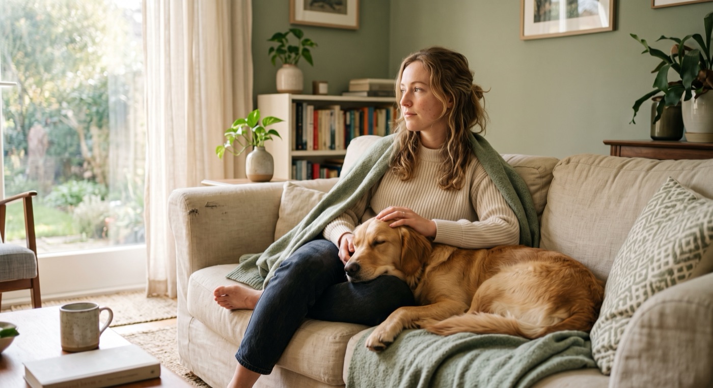 A person speaking with a licensed clinician, their dog beside them